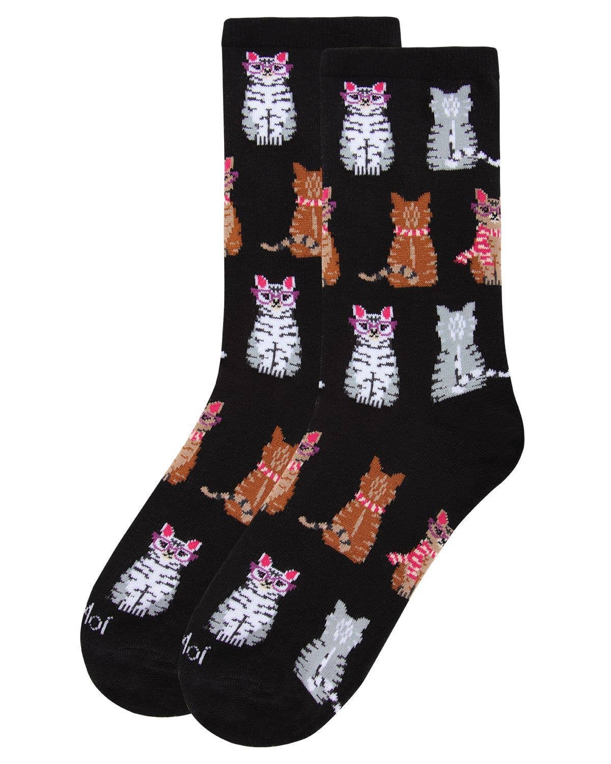 MeMoi Studious Cats Bamboo Blend Crew Socks: Black / 9-11