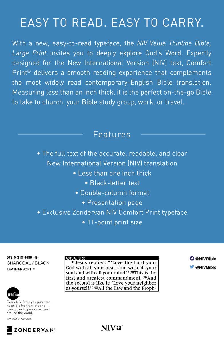 NIV Value Thinline Bible Large Print Leathersoft Gray/Black