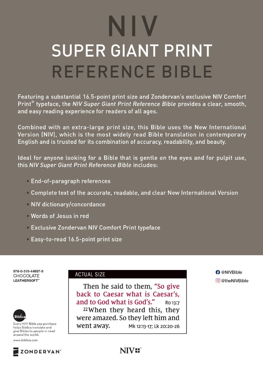 NIV Super Giant Print Reference Bible Leathersoft Brown
