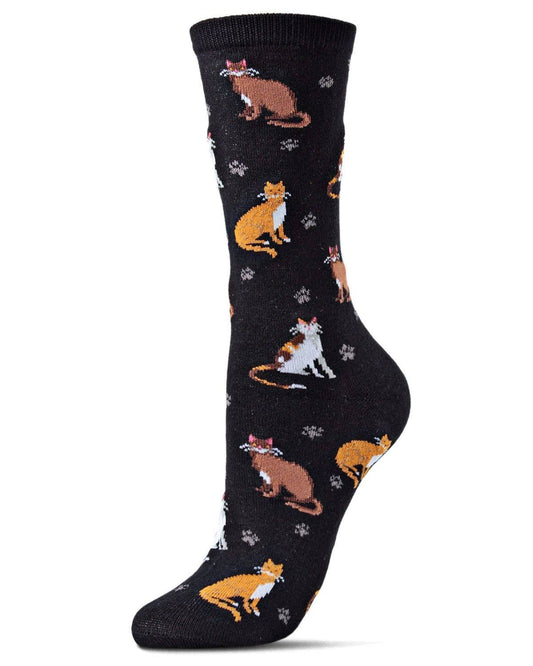 MeMoi Cats & Friend Bamboo Crew Socks: Black / 9-11