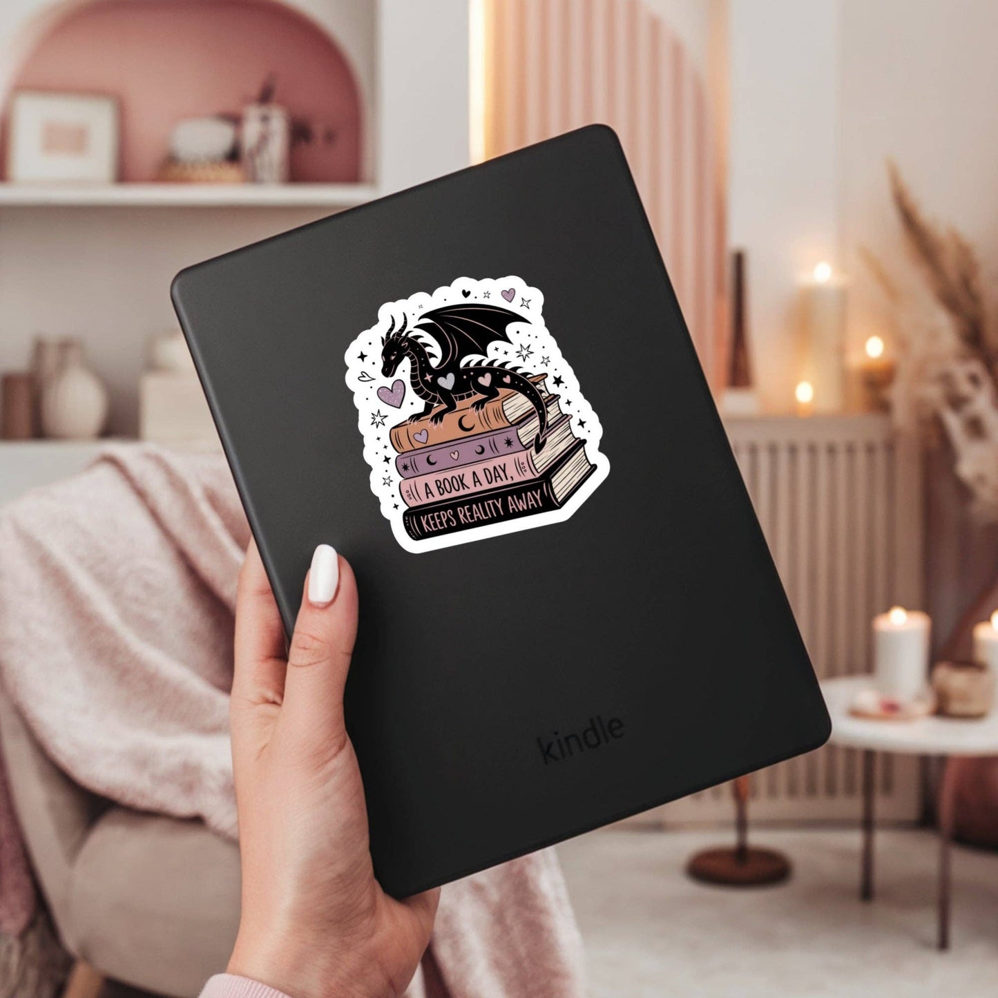 A Book A Day Keeps Reality Away Dragon – 3" Waterproof Bookish Sticker with Holo Overlay – Reading, Books, Reader Gift, Book Lover