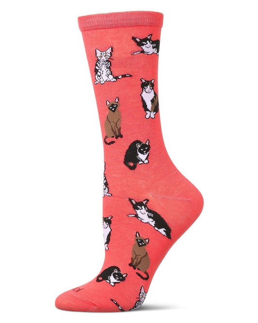 Women's Multi Cat Breed Bamboo Crew Socks: Melon / 9-11