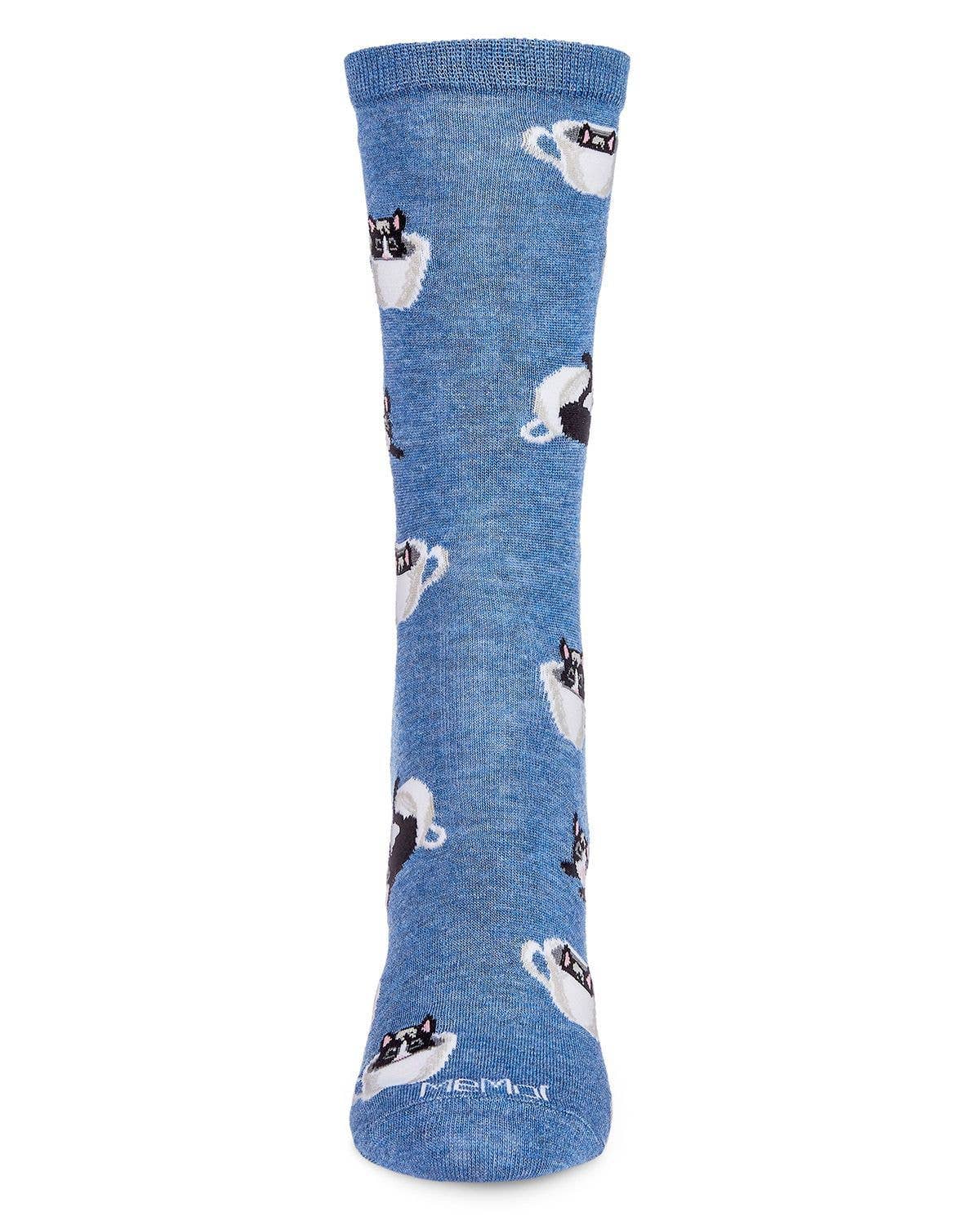 MeMoi Cup o' Cats Bamboo Blend Crew Socks: Denim Heather / 9-11
