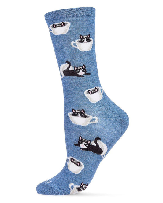 MeMoi Cup o' Cats Bamboo Blend Crew Socks: Denim Heather / 9-11