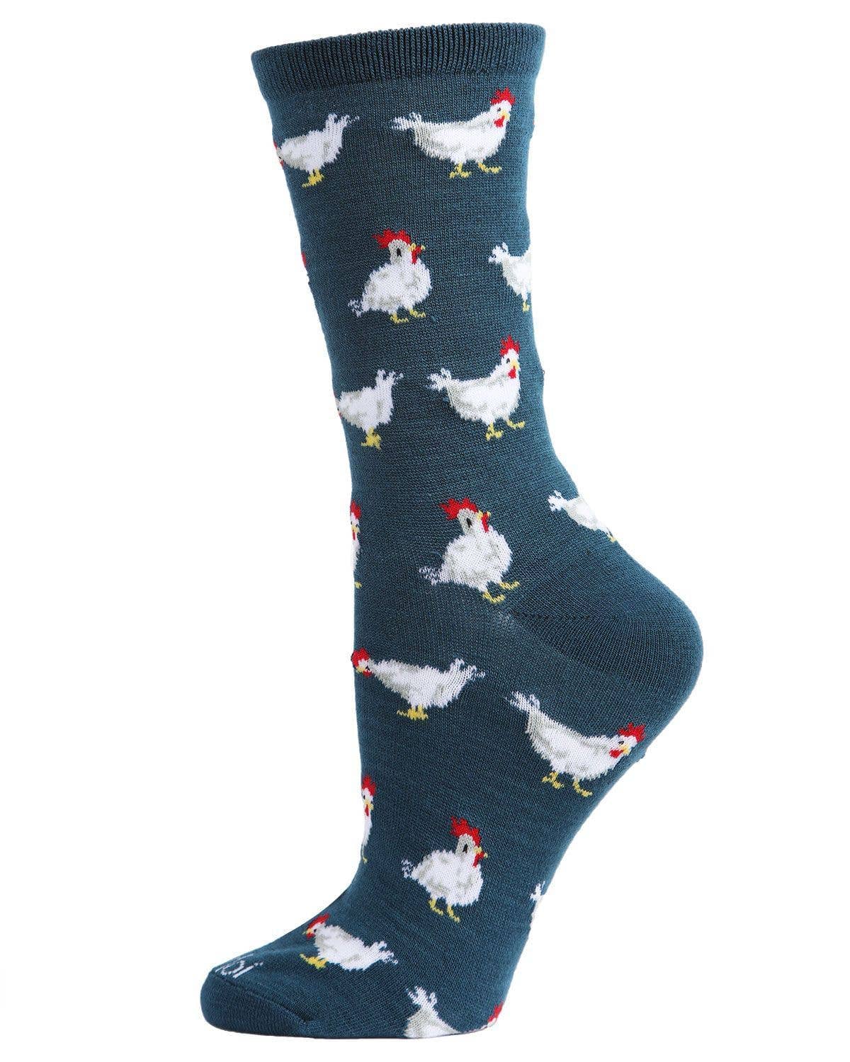 MeMoi Chickens Bamboo Blend Crew Socks: Legion Blue / 9-11