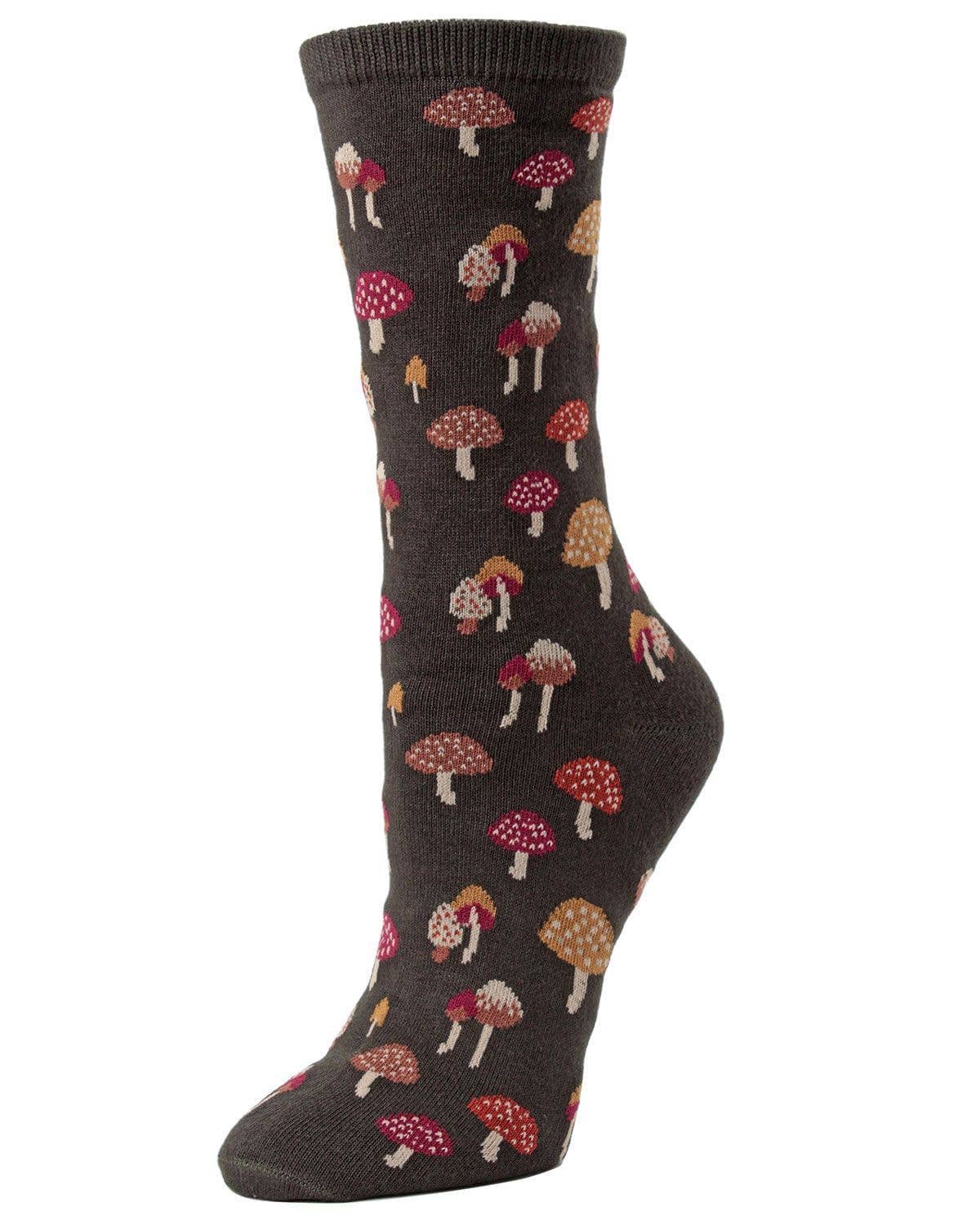Mushroom Field Bamboo Blend Crew Sock: Black / 9-11