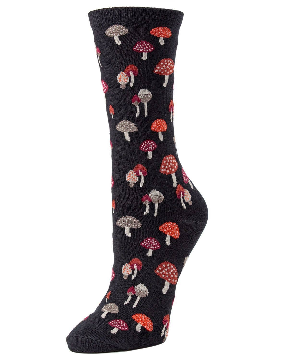 Mushroom Field Bamboo Blend Crew Sock: Black / 9-11