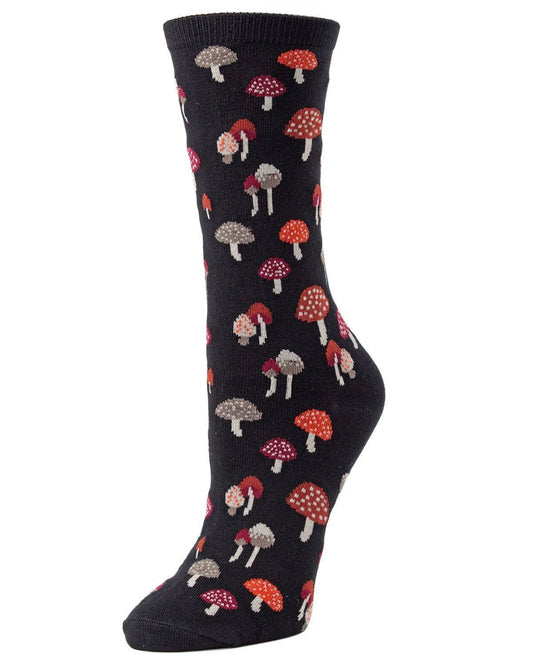 Mushroom Field Bamboo Blend Crew Sock: Black / 9-11