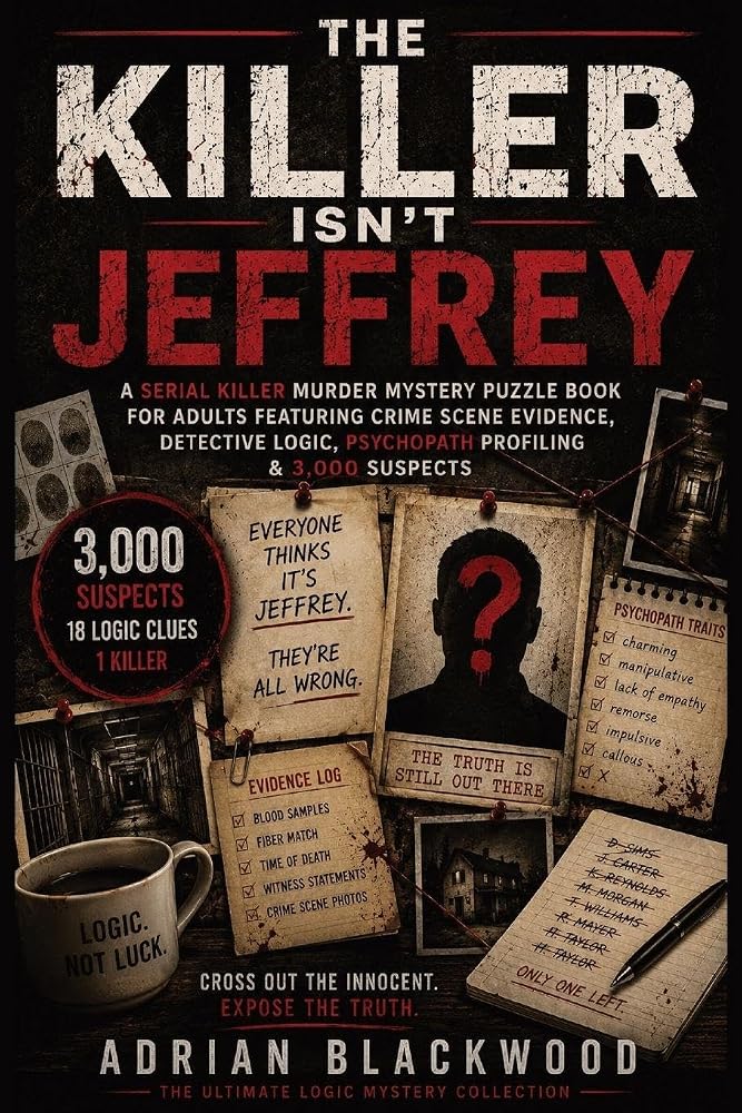 The Killer Isn't Jeffrey: A Serial Killer Murder Mystery Puzzle Book for Adults Featuring Crime Scene Evidence, Detective Logic, Psychopath Profiling & 3,000 Suspects cover image