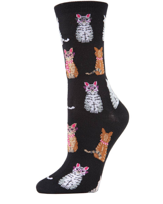 MeMoi Studious Cats Bamboo Blend Crew Socks: Black / 9-11