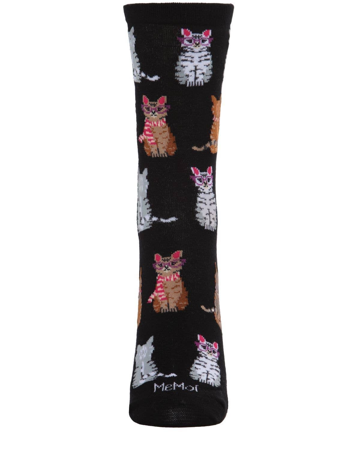 MeMoi Studious Cats Bamboo Blend Crew Socks: Black / 9-11