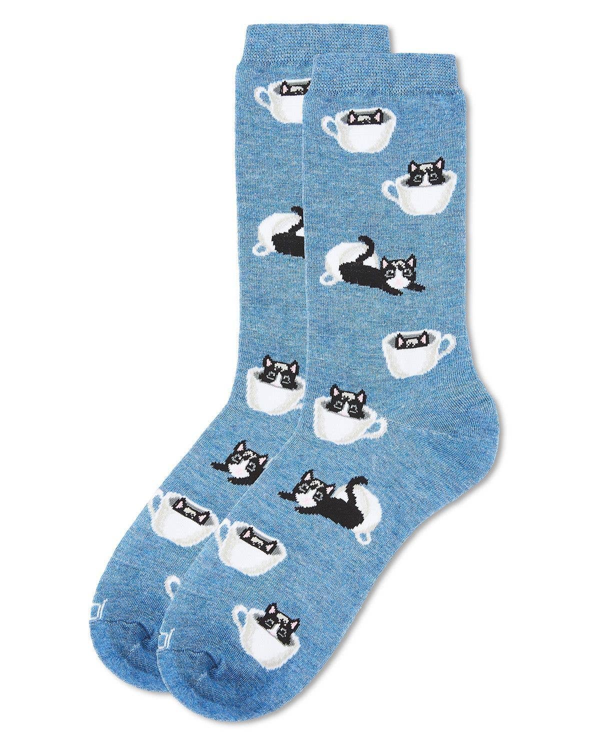 MeMoi Cup o' Cats Bamboo Blend Crew Socks: Denim Heather / 9-11